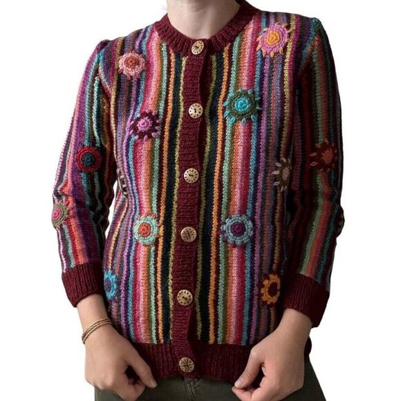 Lunieva Womens Rainbow PRIDE Chunky 100% Wool Hippy Floral Cardigan sz S - Picture 4 of 7